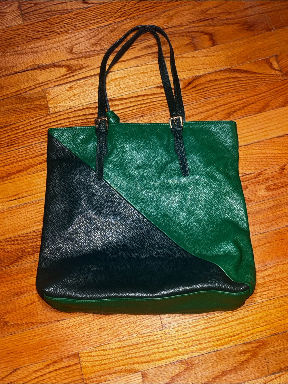 Michelle Vale Leather Green Black Colorblock Shoulder Bag Removable Zip Pouch - Picture 2 of 9